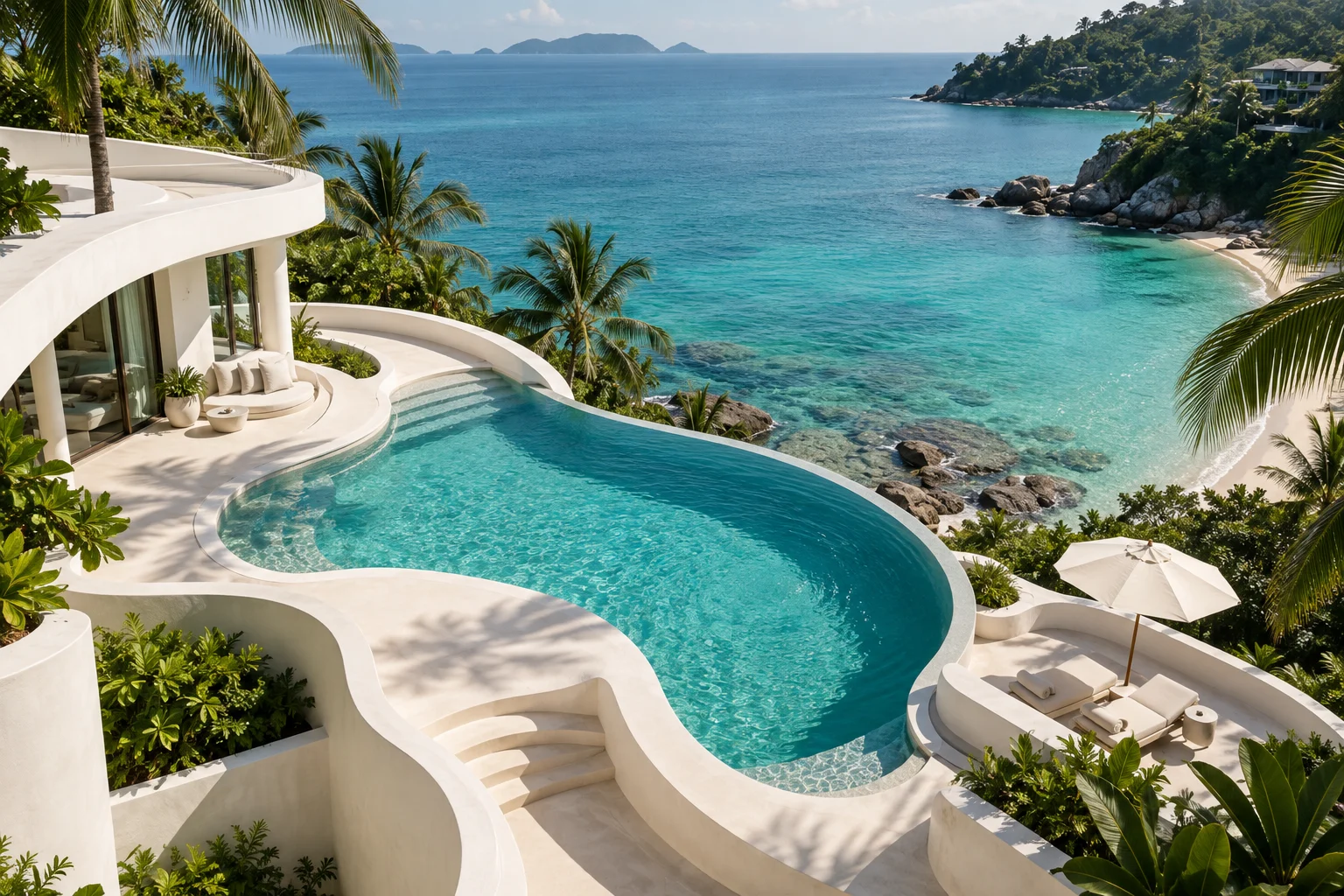 A tropical resort with an infinity pool overlooking the sea